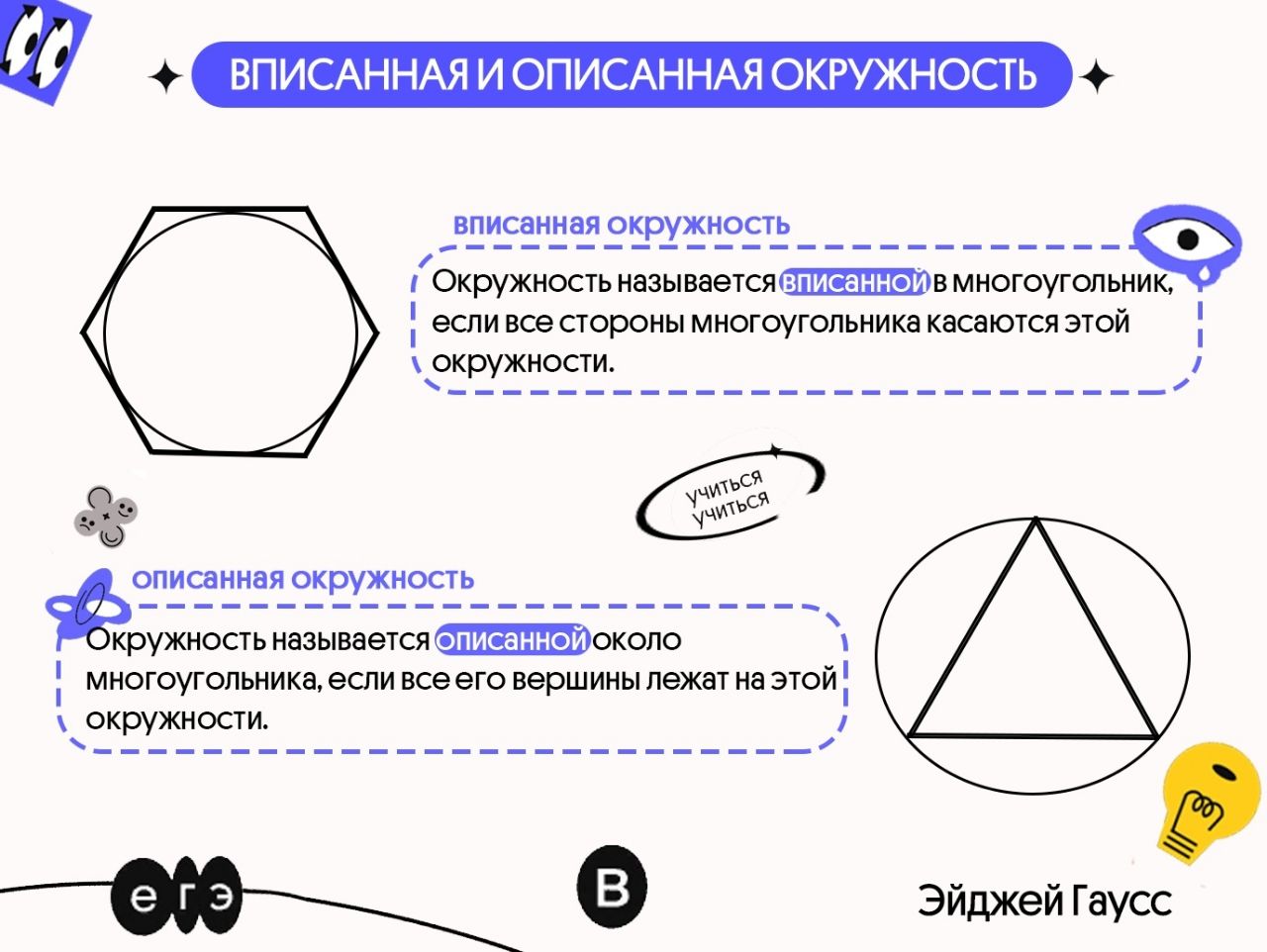 Свойства вписанной окружности, с примерами